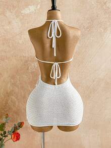 Soleia 新款度假风3D立体花卉露背系带迷你连衣裙，适合派对、约会、情人节、复活节、狂欢节、下午茶、海滩、邮轮、城市度假等场合，波西米亚风，浪漫花卉图案 - 米色 - 查看 2