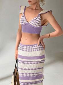 EURMUSE Women Top And Skirt Openwork Sweater Cover Up Set - Lilac Purple - View 6