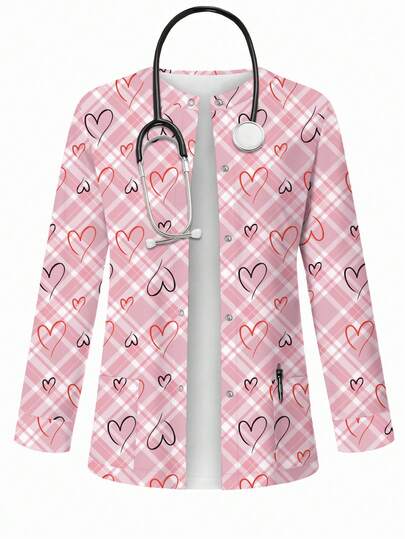 PopScrub Cárdigan de moda de primavera/verano con diseño de líneas y corazones, combinado con estampado de cuadros, chaqueta casual de enfermería/uniforme para mujeres