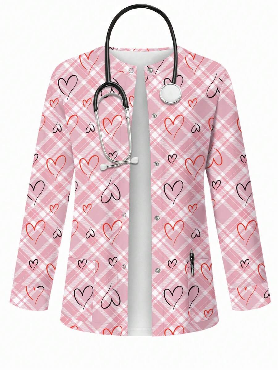 PopScrub Cardigan di moda primaverile/estivo con design a linee e cuori, abbinato a stampa a quadri, giacca casual da infermiera/uniforme per donna - Multicolore - Visualizzare 1