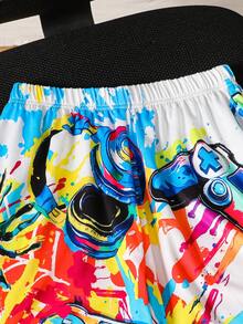 SHEIN Fantacosmos 2件組青少年男孩電玩圖案短袖T恤與短褲套裝，大膽潑墨遊戲手柄設計，白色，夏季，街頭風，城市度假，休閒穿搭 - 彩色 - 查看 4