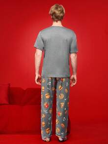 Happy Jammies Hamburger & French Fries Print Short Sleeve Top And Pants Men Pajama Set - Multicolor - View 2