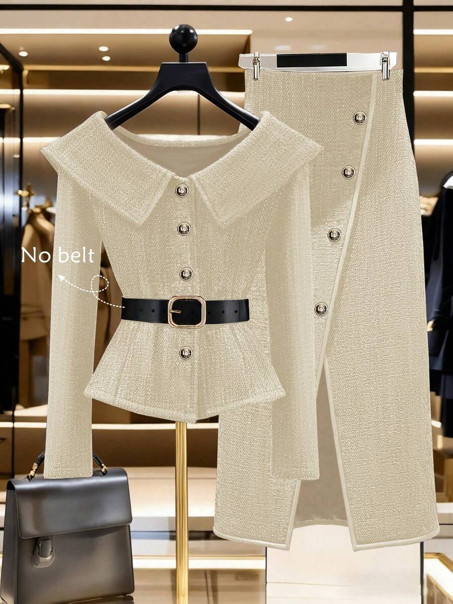 SHEIN Franclia 2pcs Set,Women Beige Tweed Set,Elegant Work Fall Winter French Style Clothes,One-Shoulder Collar Fitted Silhouette,Asymmetric Side Slit Metal Buckle - Apricot - View 1