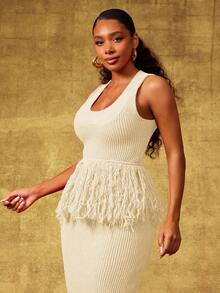 Vixey Fringe Hem Rib Knit Sleeveless Peplum Top - Apricot - View 5