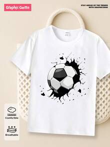 SHEIN Tween Boy Casual Creative Football Graphic Ripped Design Short Sleeve T-Shirt, Sibling Matching Summer Holiday - White - View 7