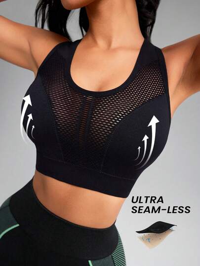 Innovista 女士镂空后背健身瑜伽运动文胸，黑色无缝肩带运动文胸 – 高支撑可调节后背，透气网眼前片，速干弹力运动休闲上衣，适合瑜伽、高强度间歇训练、跑步、拳击和健身房运动。