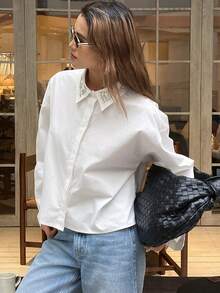 DAZY 女士宽松长袖水钻领优雅衬衫，适合春秋季穿着 - 白色 - 查看 7