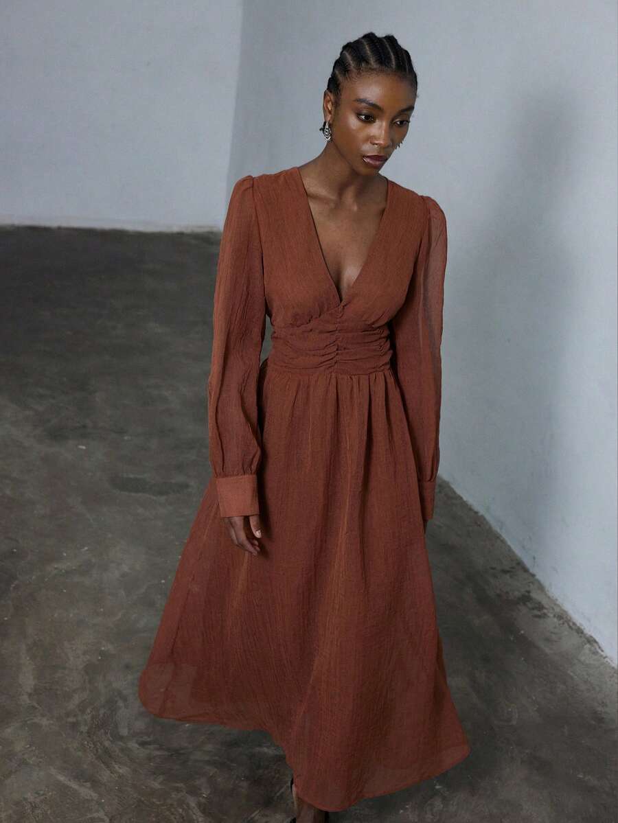 Aveloria Modichic Fashionable Design Elegant Versatile Casual Deep V-Neck Cinched Waist Solid Color Long Sleeve Dress - Brown - View 1