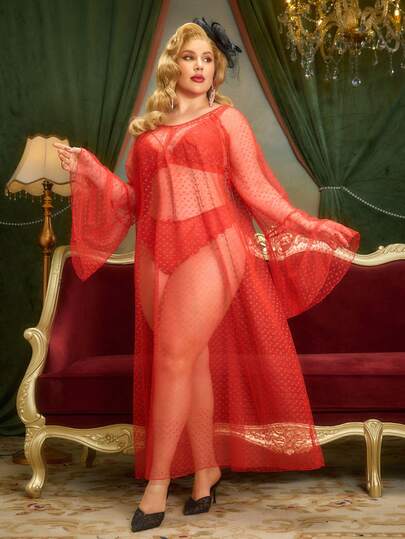 PinupPomp Plus Size Vintage Romantic Red Valentine's Day Lace Patchwork Ruffle Lantern Sleeve Maxi Dress With Heart Pattern And Sheer Details