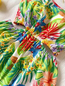 Tween Girls' Tropical Floral Print Sleeveless Jumpsuit, Loose Fit Casual Romper Suitable For Beach, Vacation, Outdoor Activities In Summer - Multicolor - View 3