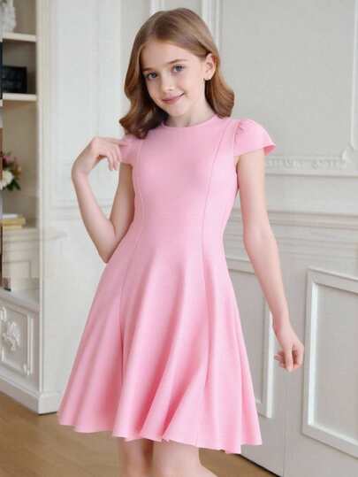 Elladie kids 少女优雅时尚纯色圆领短袖休闲连衣裙，可爱粉色，春夏款