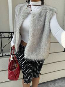 GalTyme Plus Size Women Solid Color Open Front Casual Faux Fur Vest Jacket, Winter - Apricot - View 1