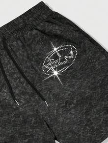 ROMWE MEN Men's Summer Casual Rhinestone Drawstring Waist Shorts - Black - View 4