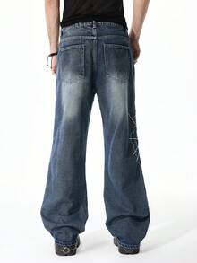 ROMWE MEN Men's Spider Web Pocket Flared Leg Jeans - Blue - View 3