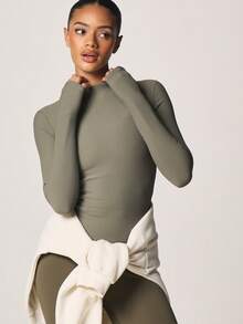 MISSGUIDED Ribbed Long Sleeve High Neck Fitted Top Olive Green Athleisure Training Essential - Grass Green - View 6