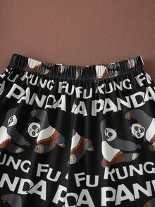 SHEIN Kung Fu Panda Tween Boy Comfortable Panda Print Short Sleeve T-Shirt And Pants Pajama Set, Summer - Black and White - View 6