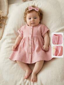 SHEIN Baby Girl Lotus Pink Double-Layer Chiffon Buttoned Front Dress, Suitable For Summer Outings, Photo Shoots, Or Everyday Wear - Dusty Pink - View 1