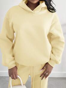 Alexandranx 夏季服装女装简约休闲奶油黄色纯色套头衫连帽长袖帽衫无抽绳超大码秋冬女装 - 淡黃色 - 查看 5