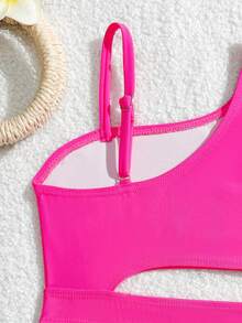 Young Girl Cute Knitted Patchwork Striped Print Asymmetrical Shoulder & Waist Hollow One-Piece Swimsuit, Suitable For Summer, Swimming, Beach Summer Vacation Thermal Christmas Holiday Festival New Years Valentines Swim Kids Bikini Set High Waist Neon Pink Bathing Suits For Girls Two Piece Fuchsia One Shoulder Bikini Girls Striped High Rise Bikini - Multicolor - View 6