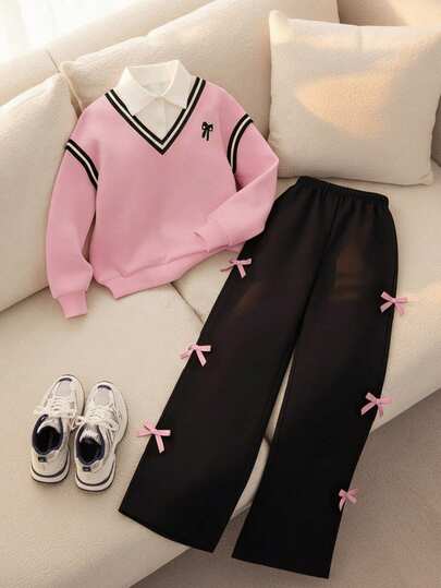 SHEIN Tween-Mädchen Lässig Alltags Schul-Look 2-in-1 Sweatshirt und weite Loose Fit Jogginghose Set, Frühling/Herbst