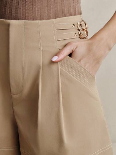 Anewsta 优雅杏色双腰带褶皱短裤