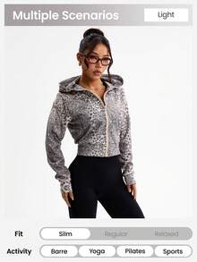 Slayform Women's Leopard Print Hooded Sweatshirt Jacket, Long Sleeve Loose Casual Zipper Sweatshirt Top - Black and White - View 4