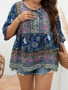 Breezaya Plus Size Casual Summer Floral Print Shirt With Tie Knot Neckline - Blue - View 5