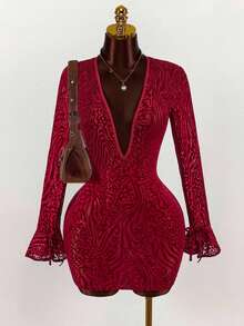SHEIN BamGlam 女士时尚性感深V领露背紧身迷你连衣裙 - 紅色 - 查看 3