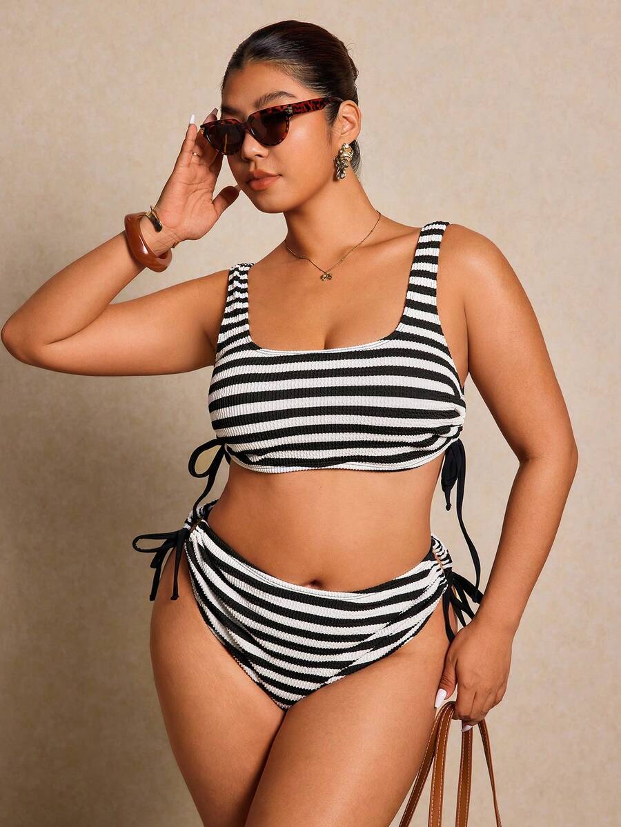 Elaquor 大码条纹泳衣套装 - 黑與白 - 查看 1