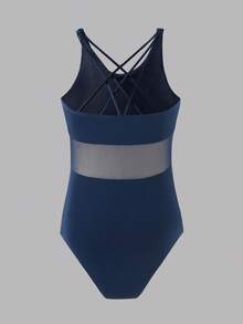 SHEIN Tween Girls Navy Blue Criss-Cross Sleeveless Leotard, Classic Mesh Splice Design Basic Camisole Suitable For School, Ballet, Competition, Children Dance, Gymnastics Sportswear, Elastic Spandex Dance Team Uniform - Navy Blue - View 3