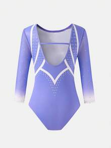 SHEIN Áo tập thể dục dụng cụ dài tay cho bé gái tuổi teen, chất liệu đính đá chuyển màu, thích hợp cho tập luyện và thi đấu. - Màu tím - Xem 5