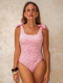 Swim Chiccia Women's Pink Summer One-Piece Swimsuit,Backless Bowknot Design Elegant Boho Beach Vacation Bathing Suits,Holiday Beachwear - Pink - View 3