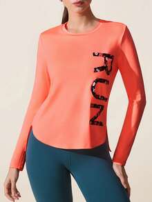 SHEIN Sports 女士极简印花圆领长袖运动上衣 - 橘色 - 查看 3