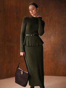 MOTF PREMIUM RIB KNIT PEPLUM HEM SWEATER & SKIRT, AUTUMN/WINTER - Blue - View 1