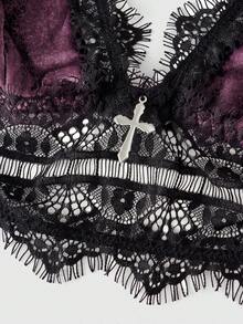 ROMWE Gothic Style Velvet Lace Triangle Cup Thong Lingerie Set - Dusty Pink - View 4