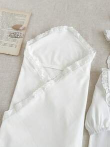 4-Piece Newborn Outfit Set: Cute Peter Pan Collar White Lace Romper, Hat, Swaddle Wrap, And Gloves Baby Girl Clothes Lace Trim Fall Winter - White - View 6