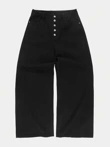 RONVEXI 男士纽扣前袋直筒宽松休闲牛仔裤 - 黑色 - 查看 1