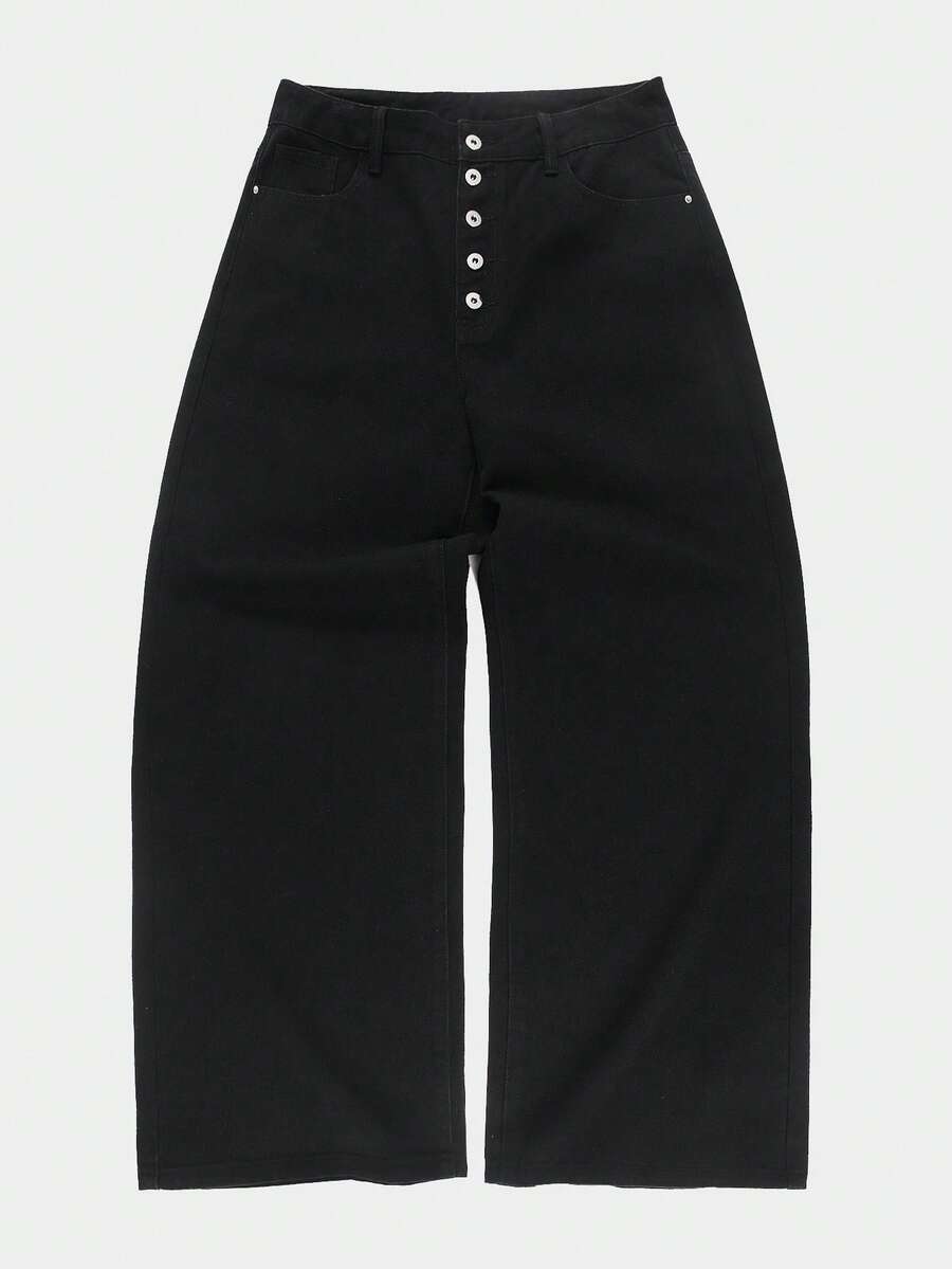 RONVEXI 男士纽扣前袋直筒宽松休闲牛仔裤 - 黑色 - 查看 1