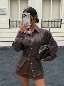 Siren Gaze 复古棕色格子收腰长袖衬衫，女士秋冬款 - 棕色 - 查看 4