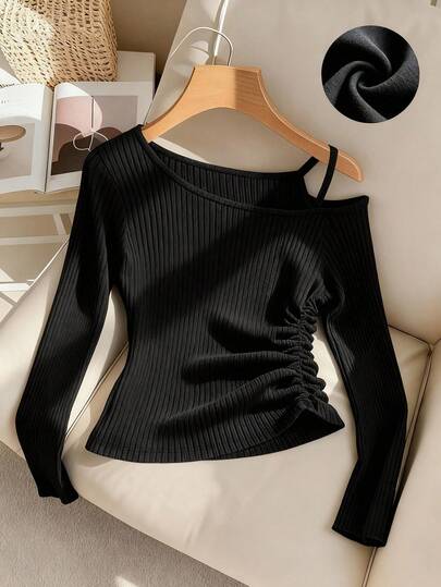 Franclia Plus Size Asymmetrical Black Long Sleeve Cinched Waist T-Shirt, Spring/Summer Long Sleeve Black Top Shoulder Off Top Women Tops Elegant Black Long Sleeve Top Fitted Tops Black Sexy Tops Ruched Black Top Women's Elegant Top Fitted Ribbed Top