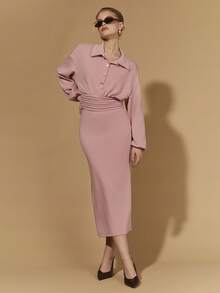 COSMINA 2pcs Women's Elegant Metal Decor Button Collared Shirt Set,Dusty Pink Autumn Elegant Brunch Long Sleeve Midi Modest Curve Skirt For Office Commute - Pink - View 4