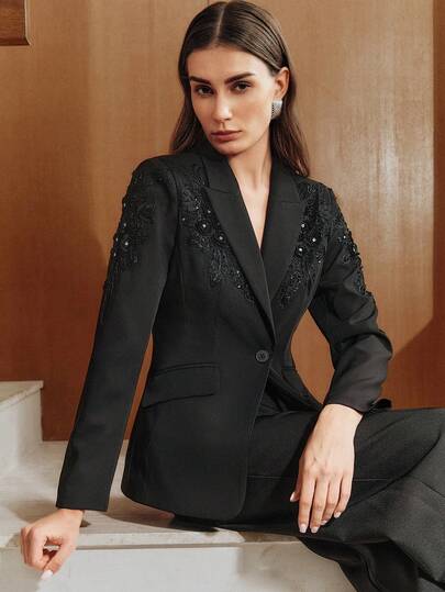  Anewsta Women's Elegant Floral Embellished Fitted Blazer Jacket With Rhinestones And Sequins, Suitable For Formal, Party, Chic, Work, Graduation, Wedding, Valentine's Day