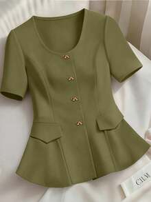 GlowEve CURVE Áo cánh peplum trơn màu thanh lịch cỡ lớn dành cho nữ, có nơ kim loại và tay bồng - màu xanh lá - Xem 1