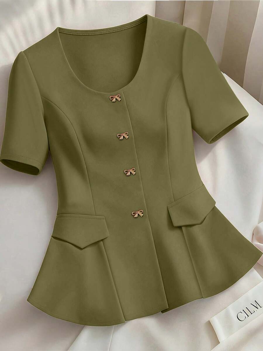 GlowEve CURVE Áo cánh peplum trơn màu thanh lịch cỡ lớn dành cho nữ, có nơ kim loại và tay bồng - màu xanh lá - Xem 1