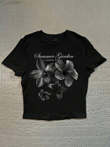 SHEIN EZwear 休闲碎花圆领短袖修身女式T恤，适合夏季穿着 - 黑色 - 查看 3