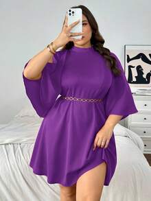 SHEIN Privé 大码女式蝙蝠袖露肩连衣裙，宽松A字酒红色连衣裙，适合婚礼、度假等场合，新品上市 - 紫色 - 查看 1