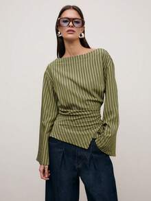 Nöista Striped Boat-Neck Top With Flared Sleeves, Relaxed Fit, And Asymmetrical Hem. Versatile For Spring Break Layering - Dark Green - View 5