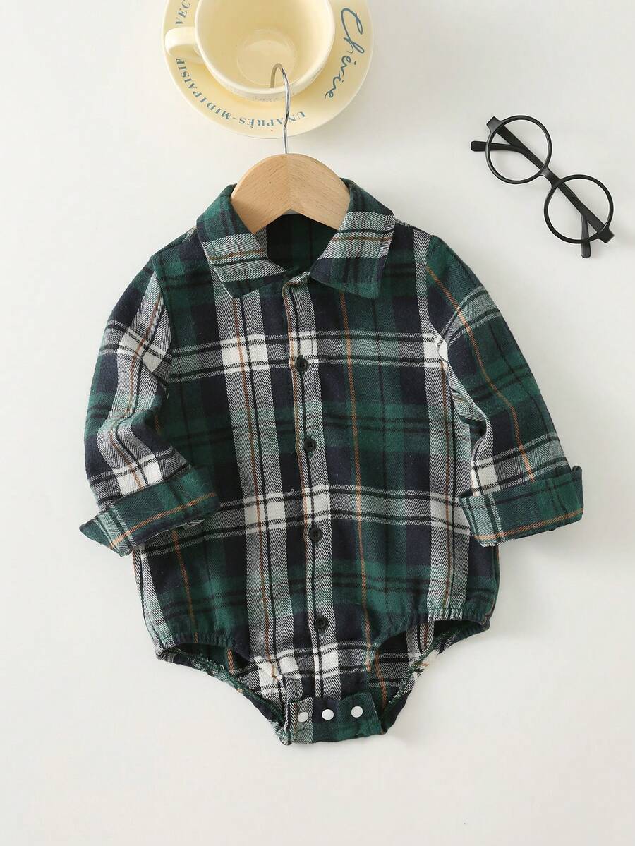 SHEIN 男婴绅士学院百搭长袖按扣连体衣,柔软舒适的保暖厚面料,适合冬季、生日、洗礼、1 岁生日派对、庆典、表演、婚礼、圣诞节 - 綠色 - 查看 1