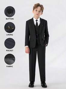 SHEIN 5pcs Tween Boys Suit Set - Notch Lapel Blazer + Single-Breasted Vest + Half-Elastic Waist Pants + Solid White Shirt + Tie, Suitable For Daily Wear, Awards Ceremony, Birthday Party, Wedding, Wedding Guest, Pageboy, Ring Boy