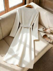 SHEIN Clasi Plus Size Women's Solid Color Round Neck Long Sleeve Single-Breasted High-Quality Slimming Dress - White - View 2